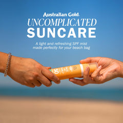 Australian Gold mist sprayed into hand demonstrating easy application and coverage benefit
