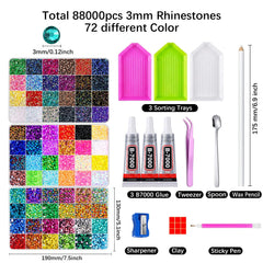 Auxnki close-up color swatches displaying 72 vibrant rhinestone shades for design choices