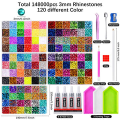 Auxnki rainbow array of 120 rhinestone colors laid out for easy selection