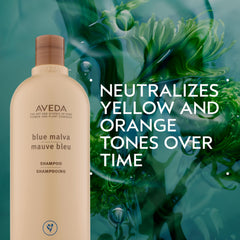 AVEDA blue malva liter-size label close-up showing natural ingredients