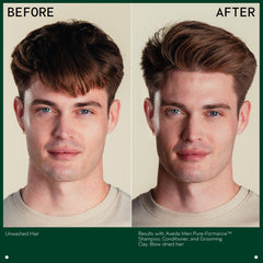 Closeup of hair styled with Aveda Men grooming clay showing textured matte finish