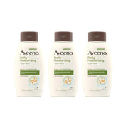 Aveeno three-pack front packaging showing bottles and benefits