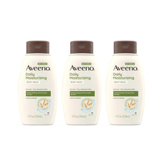 Aveeno three-pack front packaging showing bottles and benefits