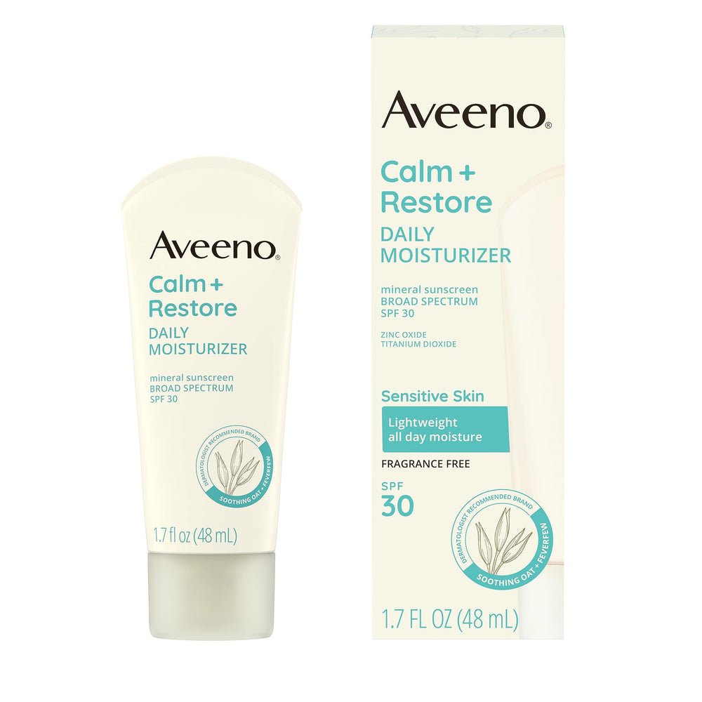 Aveeno front packaging Calm + Restore SPF 30 showing tube and branding for daily protection