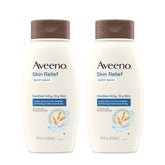 Aveeno front packaging showing twin 18 fl oz bottles and soothing benefit