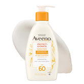 Aveeno front view pump bottle showing SPF 60 protection and easy dispensing