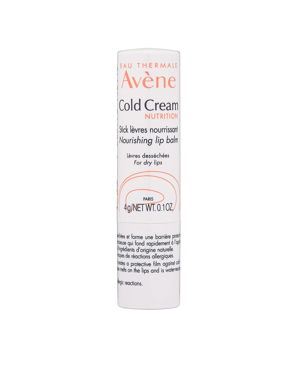 Avène cold cream lip balm front packaging showing compact tube and calming branding benefits