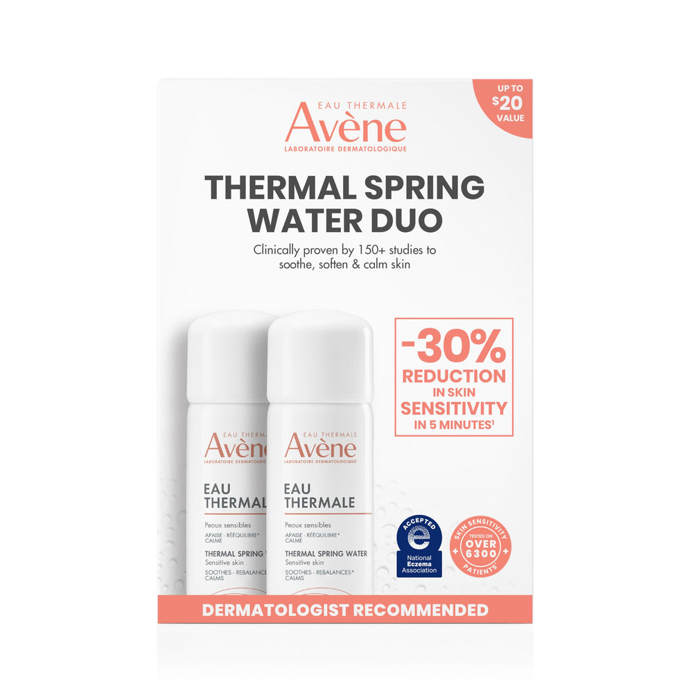 Avène thermal spring water front spray showing sleek can and calm benefit