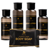 Avistar front packaging showing full hotel toiletries kit, delivers professional guest impression