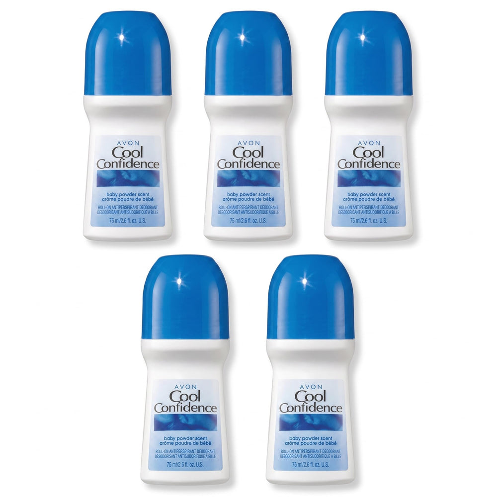 AVON roll-on front packaging showing five travel-size bottles and scent benefit