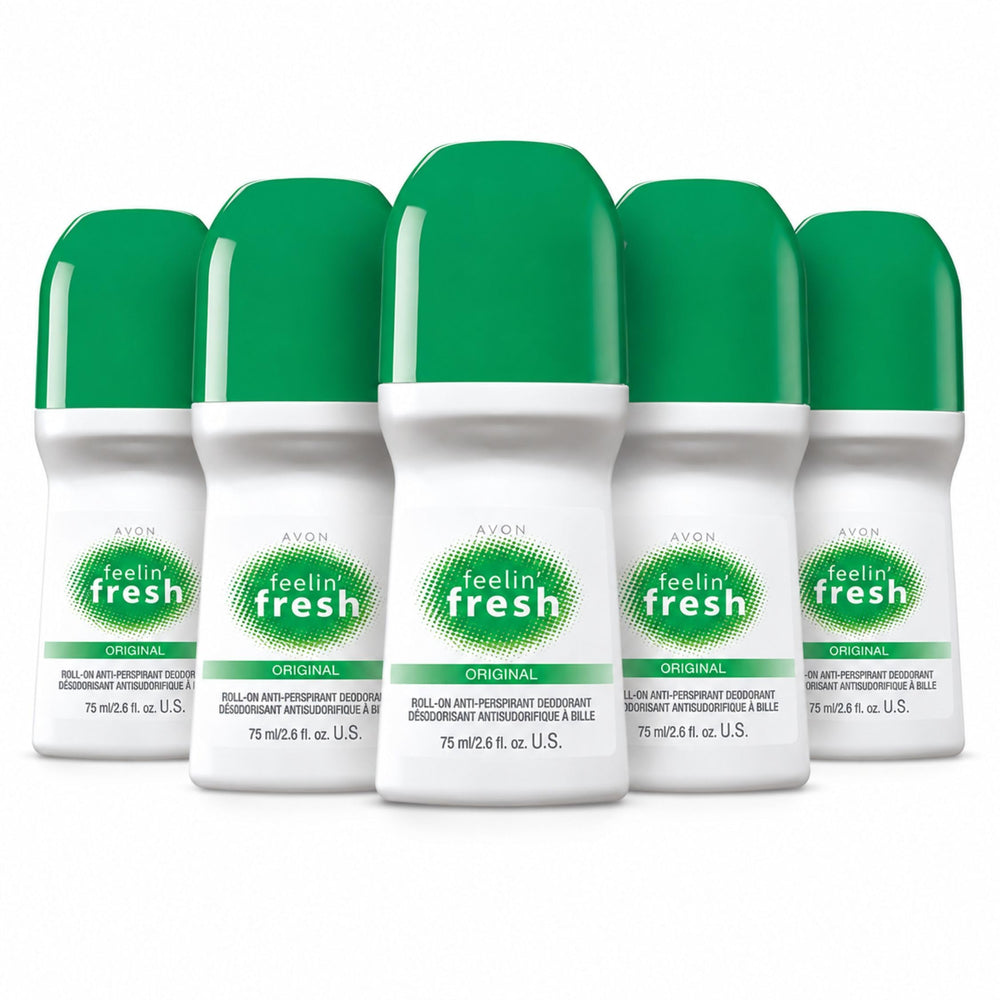 AVON front packaging showing five roll-on bottles for reliable value