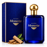 AVON Mesmerize front bottle showing label and deep-blue glass, conveys premium gifting