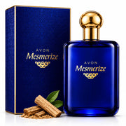 AVON Mesmerize front bottle showing label and deep-blue glass, conveys premium gifting