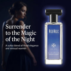 AVON Night Magic angled bottle highlighting shape and portable fragrance benefit