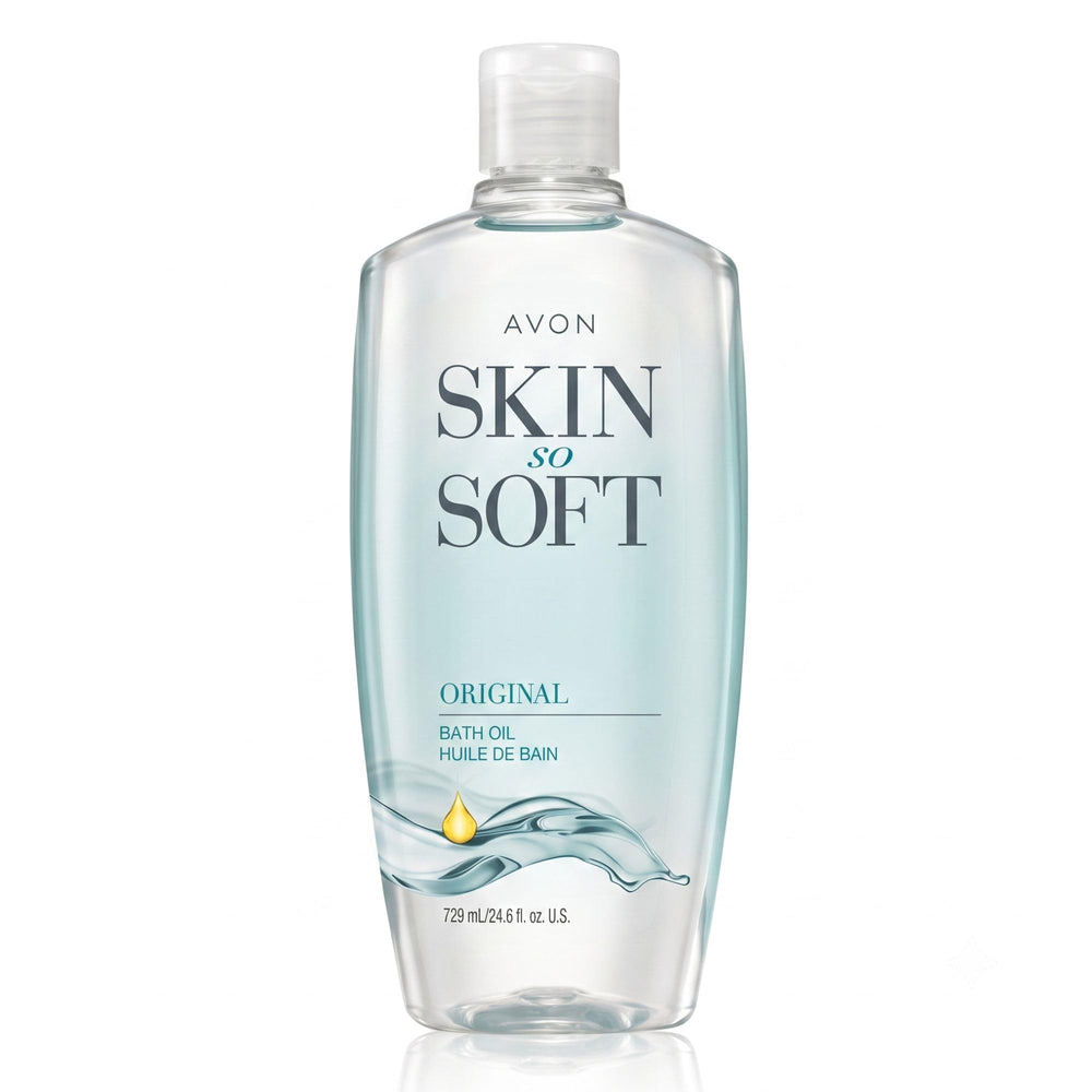 AVON Skin So Soft front bottle showing label and size, highlights long-lasting supply