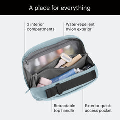 Away toiletry bag water-repellent nylon close-up showing protective finish and wipeability