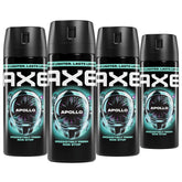 AXE Apollo front packaging showing four 2.9 oz cans and scent identity benefit