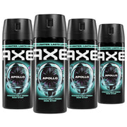 AXE Apollo front packaging showing four 2.9 oz cans and scent identity benefit