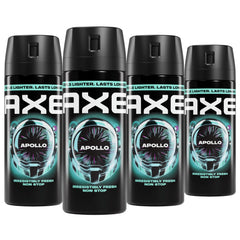 AXE Apollo front packaging showing four 2.9 oz cans and scent identity benefit