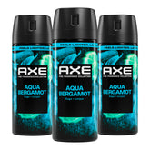 AXE aqua bergamot front packaging showing can trio and clean design benefit
