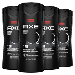 AXE Black front packaging showing four 16 oz bottles and scent name for easy identification