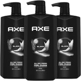 AXE Black front packaging showing three pump bottles and fragrance appeal