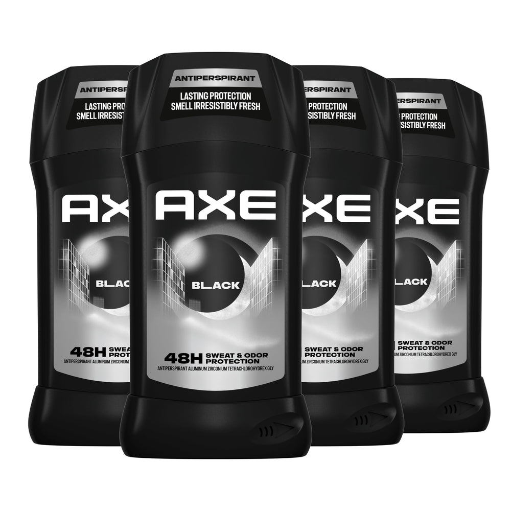 AXE Black front packaging shows clean design and durable four-pack convenience