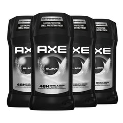 AXE Black front packaging shows clean design and durable four-pack convenience