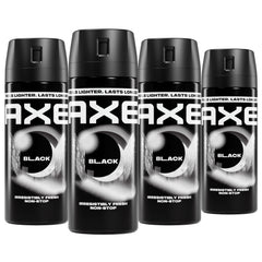 AXE Black front packshot showing four 2.9 oz cans and benefit of portable freshness