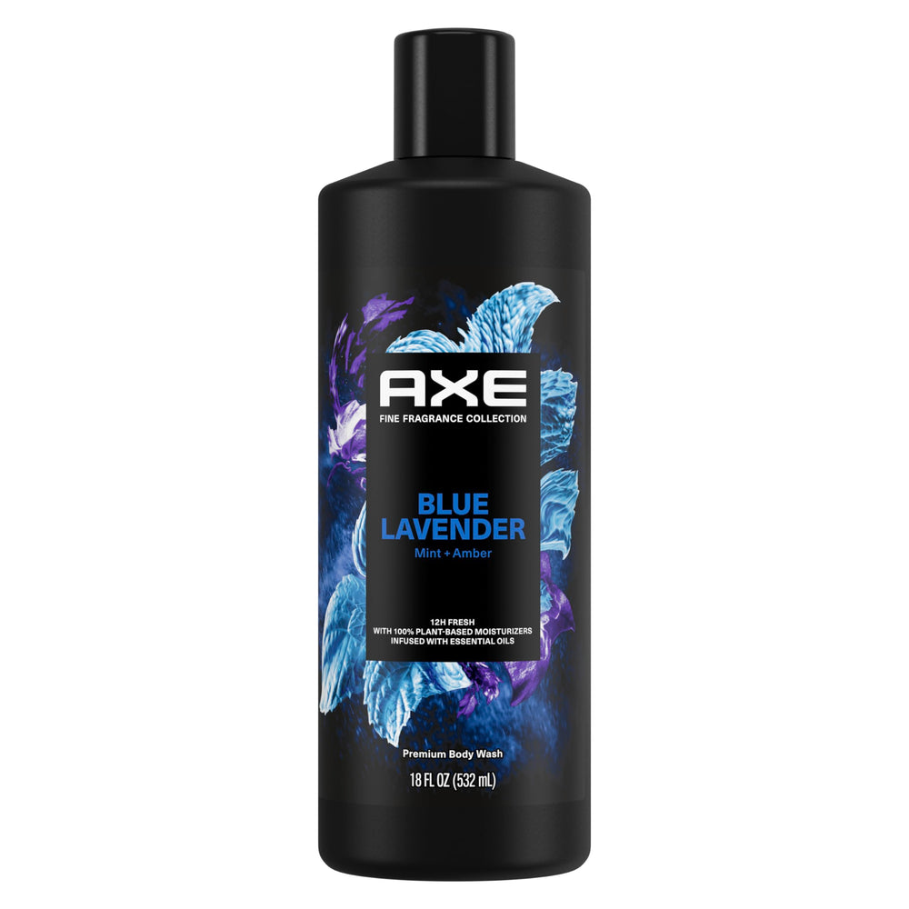 AXE front bottle showing Blue Lavender branding and 18 oz size for confident freshness
