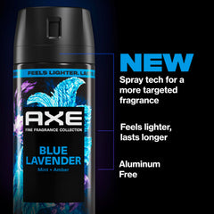 AXE Blue Lavender sprayed on neck and chest for quick application benefit