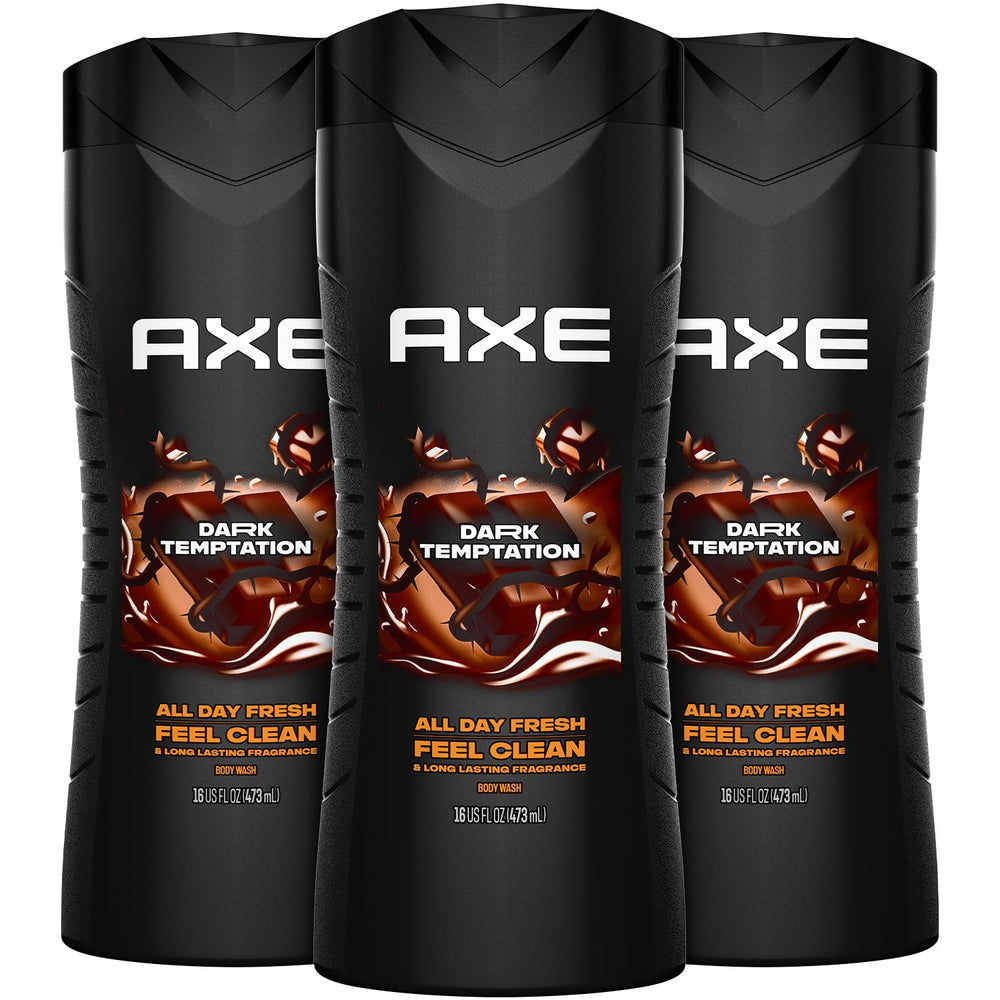 AXE Dark Temptation front packaging showing three bottles and scent appeal