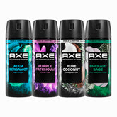 AXE four-pack front view showing all four cans and variety