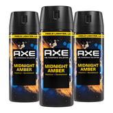 AXE Midnight Amber three-count front view showing packaging benefit of ready supply