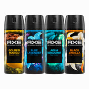 AXE mixed 4 pack front packaging showing all cans and variety benefit