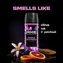 AXE Purple Patchouli fine mist spray in motion with targeted application benefit