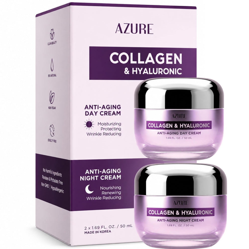 Azure Cosmetics front packaging showing day and night cream, clear hydration benefits