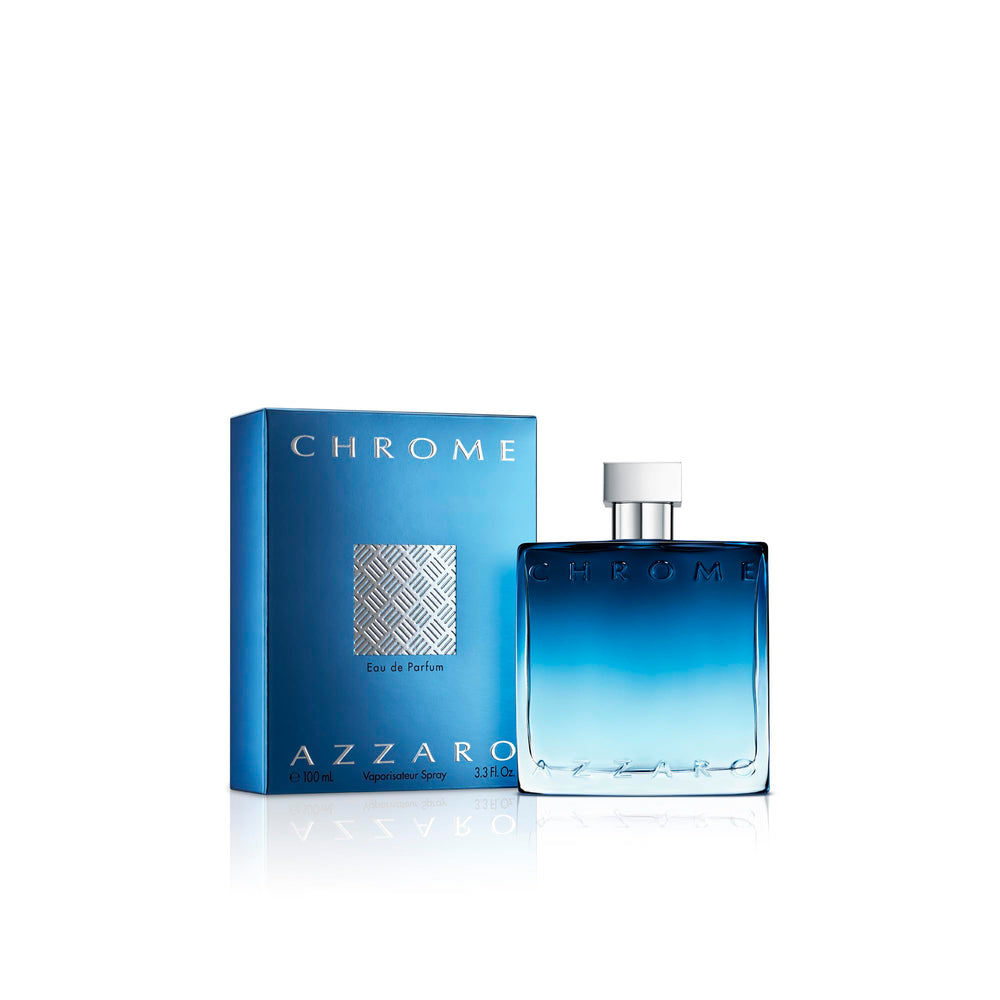 Azzaro Chrome front bottle shot showing elegant blue gradient and volume