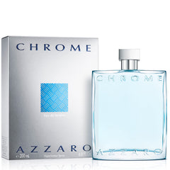Azzaro Chrome front bottle showing blue glass and label, conveys fresh citrus appeal