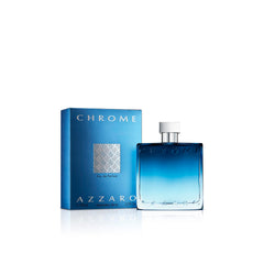 Azzaro Chrome front bottle shot showing elegant blue gradient and volume