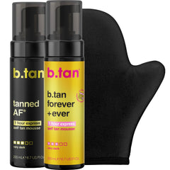 b.tan front packaging showing two dark mousse bottles and mitt for full value