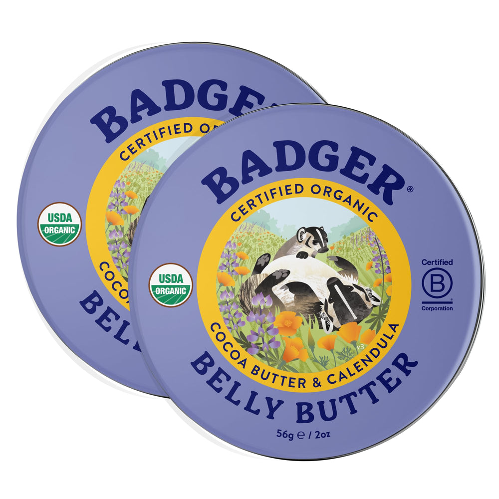 Badger belly butter front tin showing label and organic cocoa benefit