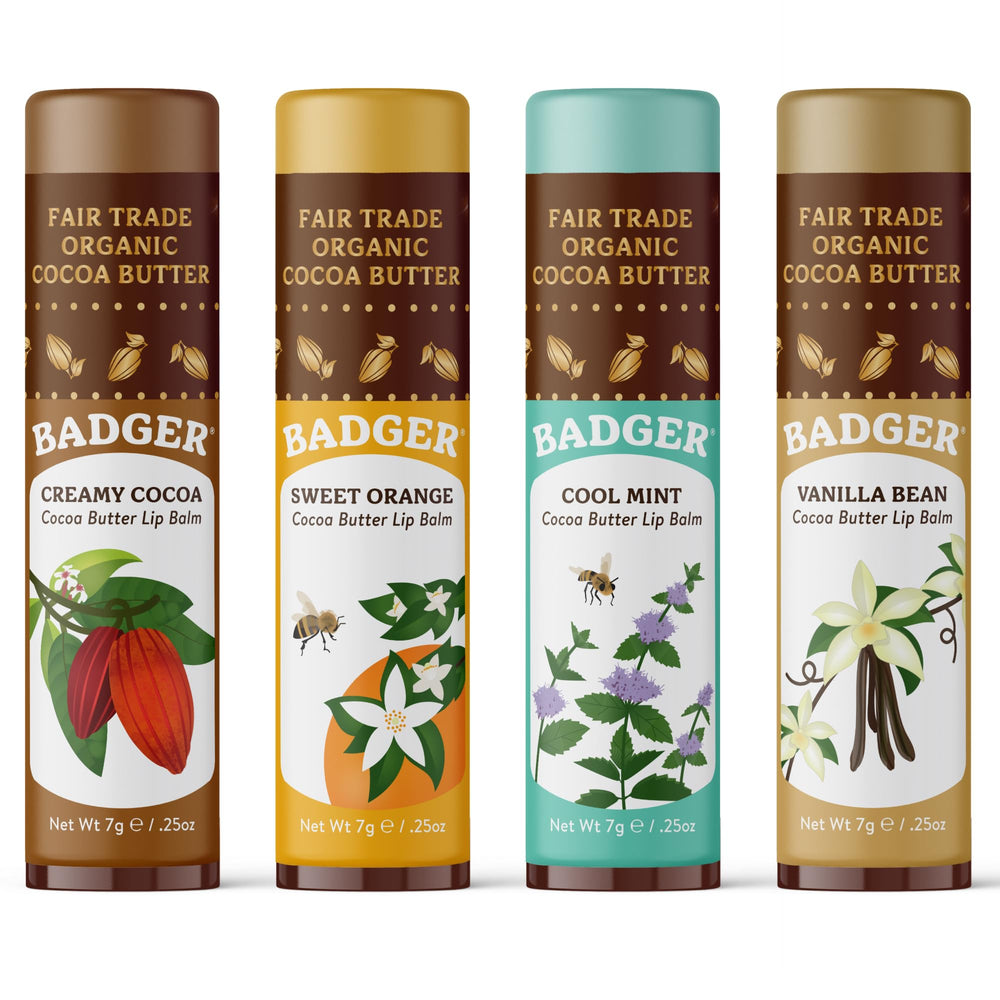 Badger front packaging showing the four organic cocoa butter lip balms and variety benefit