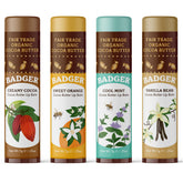 Badger front packaging showing the four organic cocoa butter lip balms and variety benefit
