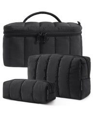 BAGSMART front view of black three-piece travel makeup bag set, stylish organization