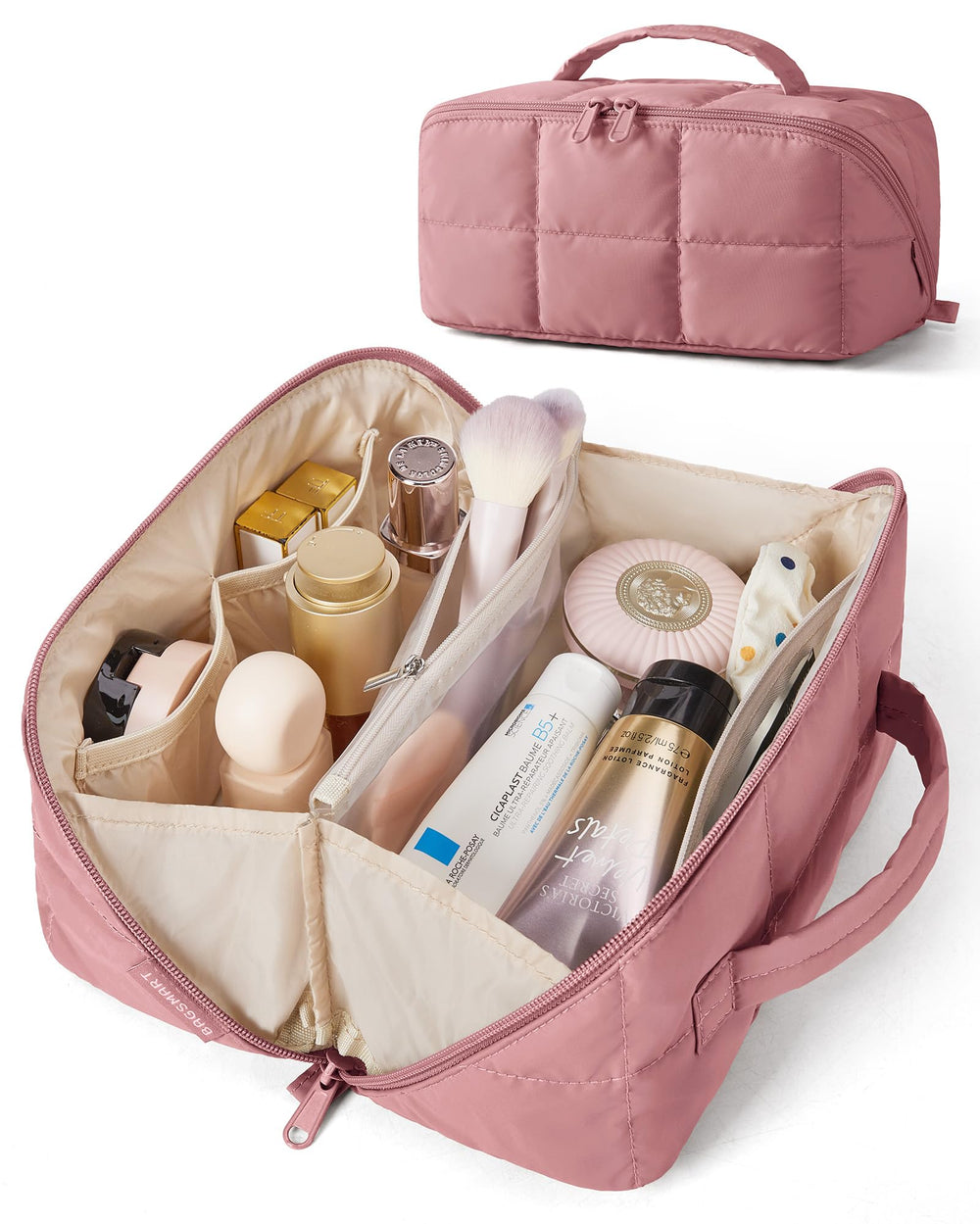 BAGSMART front view showing structured travel makeup bag and easy grab benefit