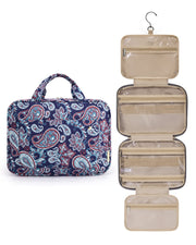 BAGSMART front view of red paisley toiletry bag showing roomy compartments and style
