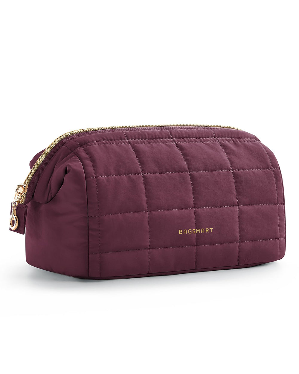 BAGSMART front view of plum purple makeup bag showing zipper and shape, easy packing