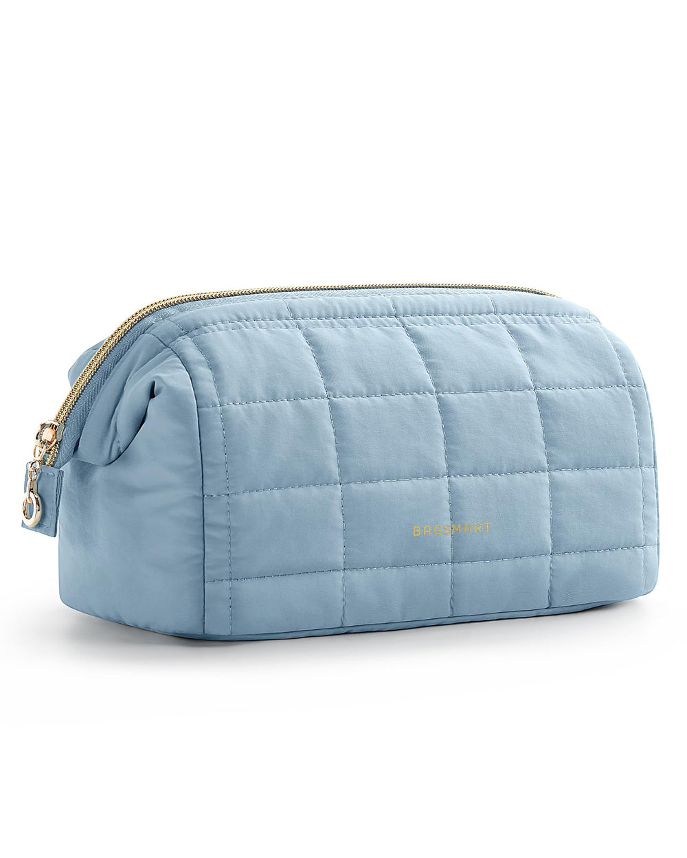 BAGSMART front view of sky blue makeup bag showing shape and zipper for stylish portability