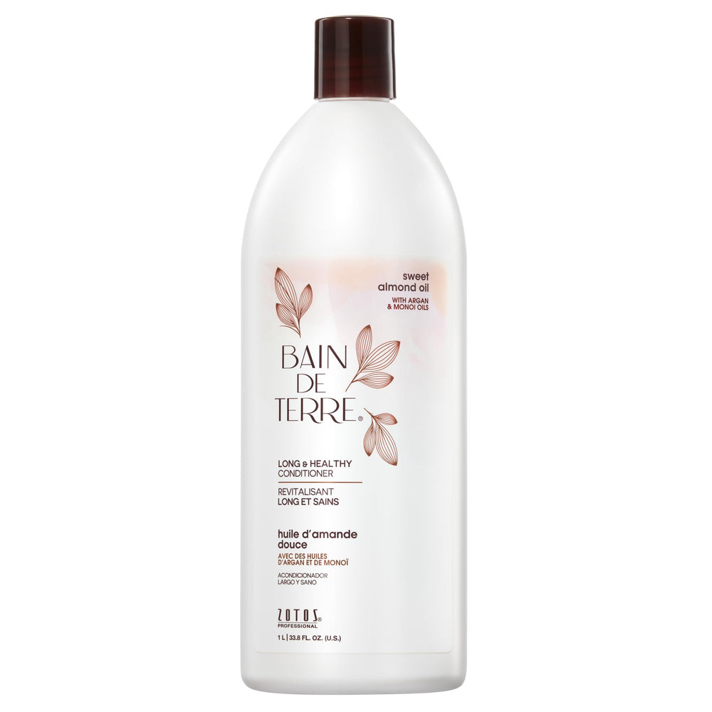 Bain de Terre front bottle showing sweet almond conditioner, highlights long-hair nourishment